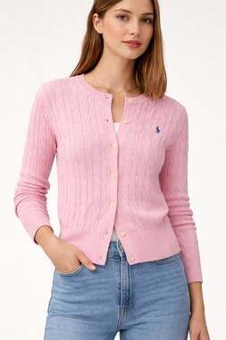 NWT Polo Ralph Lauren, Preppy Old Money Pink Cable Knit Button Front Cardigan, L